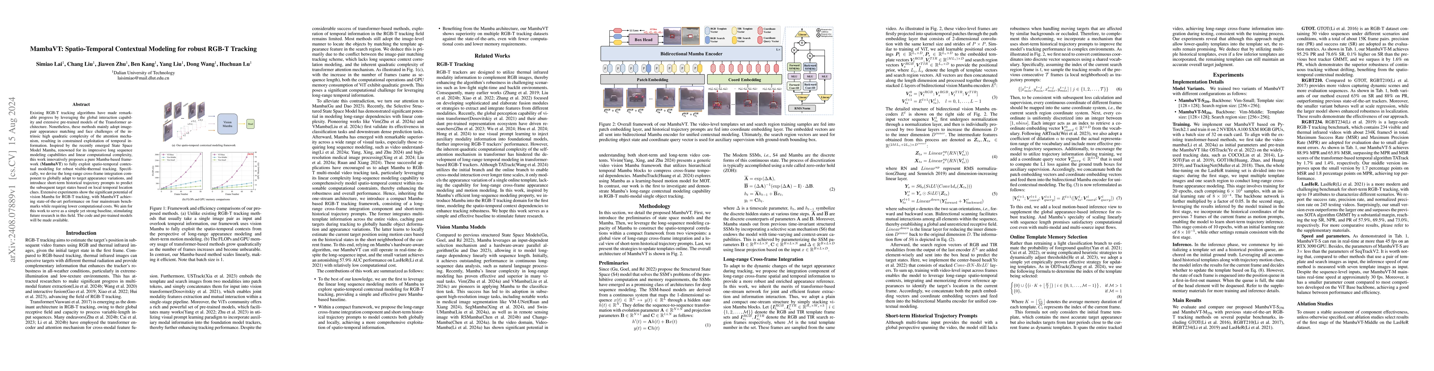 Thumbnail for MambaVT: Spatio-Temporal Contextual Modeling for robust RGB-T Tracking
