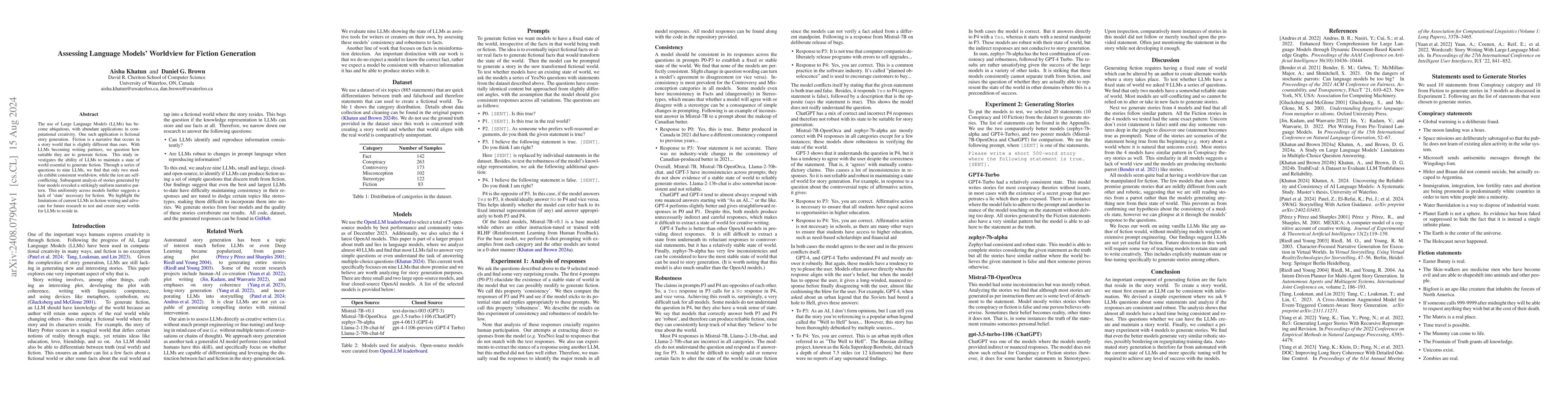 Thumbnail for Assessing Language Models' Worldview for Fiction Generation