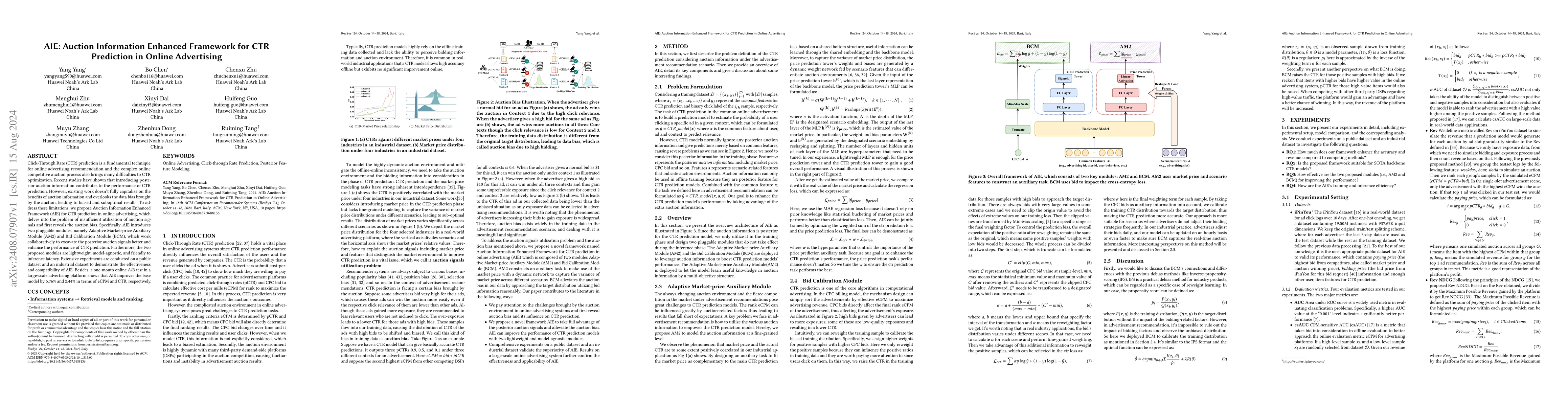 Thumbnail for AIE: Auction Information Enhanced Framework for CTR Prediction in Online
  Advertising