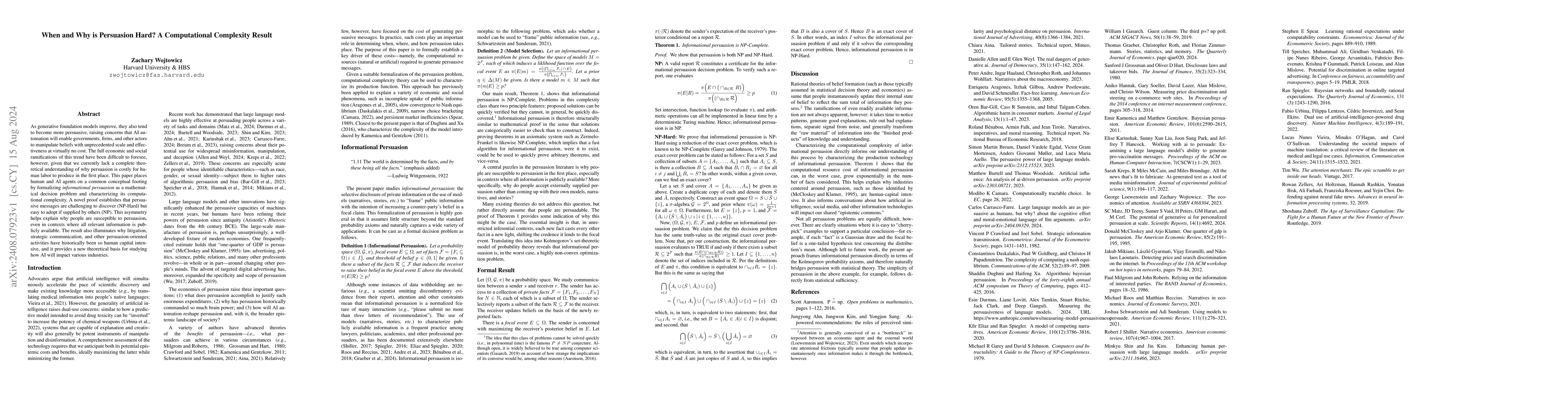 Thumbnail for When and Why is Persuasion Hard? A Computational Complexity Result