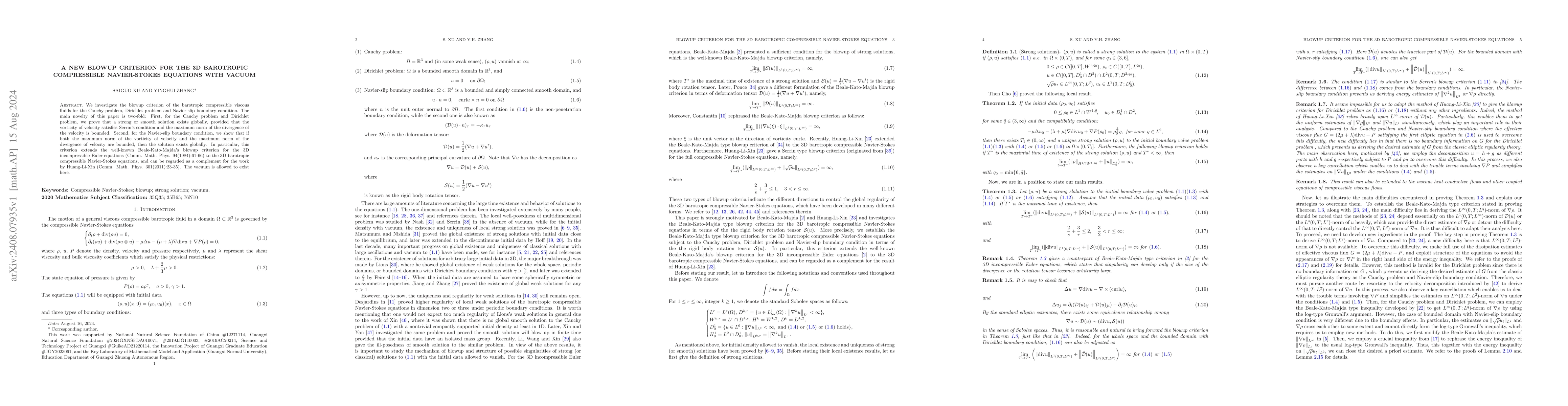 Thumbnail for A new blowup criterion for the 3D barotropic compressible Navier-Stokes
  equations with vacuum