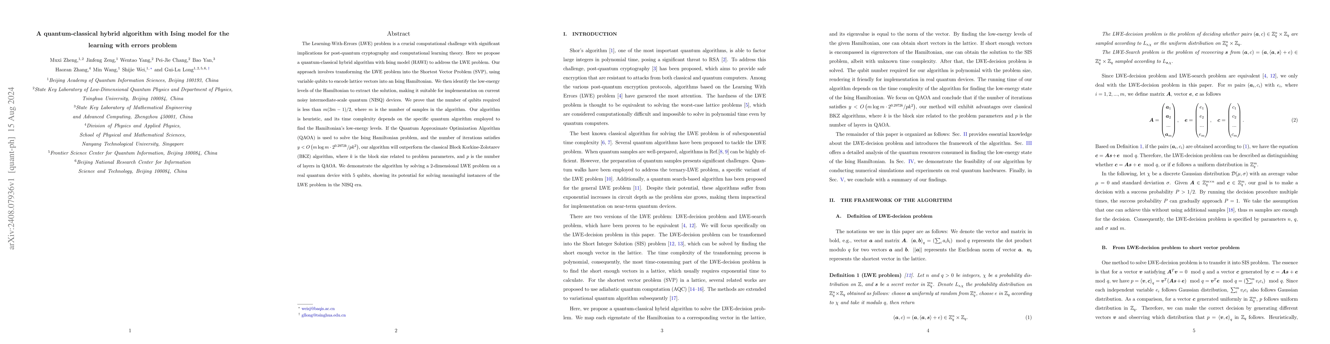 Thumbnail for A quantum-classical hybrid algorithm with Ising model for the learning
  with errors problem