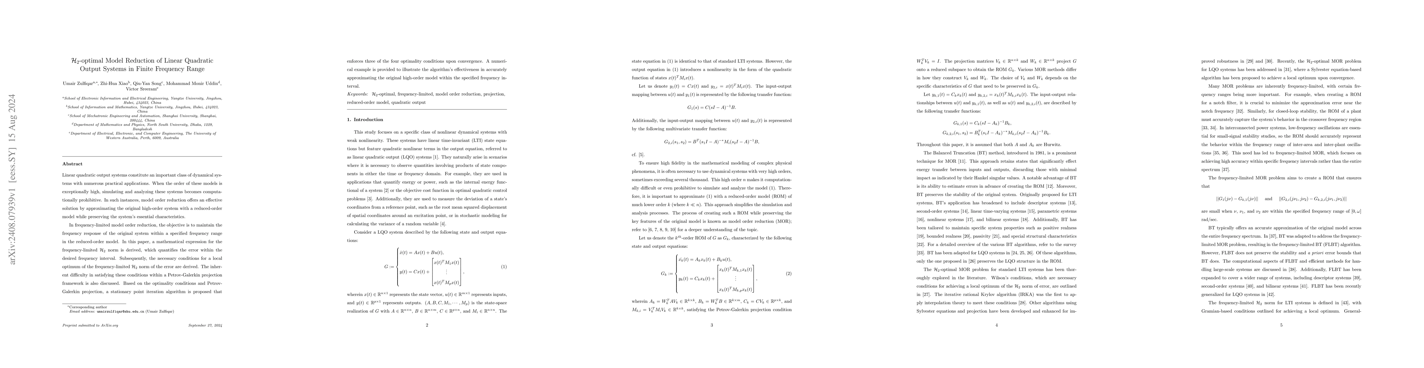 Thumbnail for $\mathcal{H}_2$-optimal Model Reduction of Linear Quadratic Output
  Systems in Finite Frequency Range