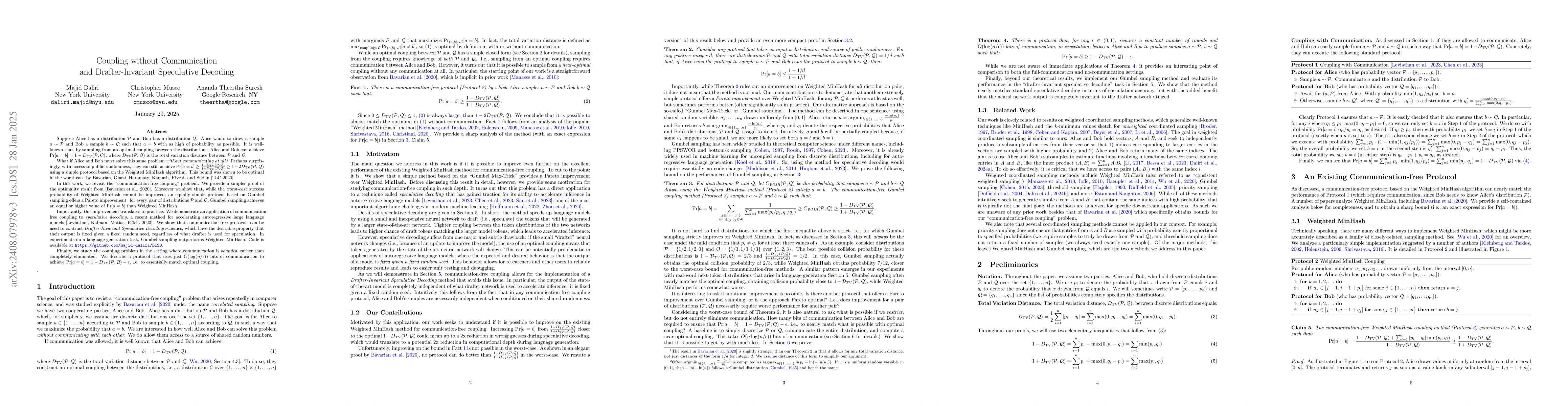 Thumbnail for Coupling without Communication and Drafter-Invariant Speculative
  Decoding