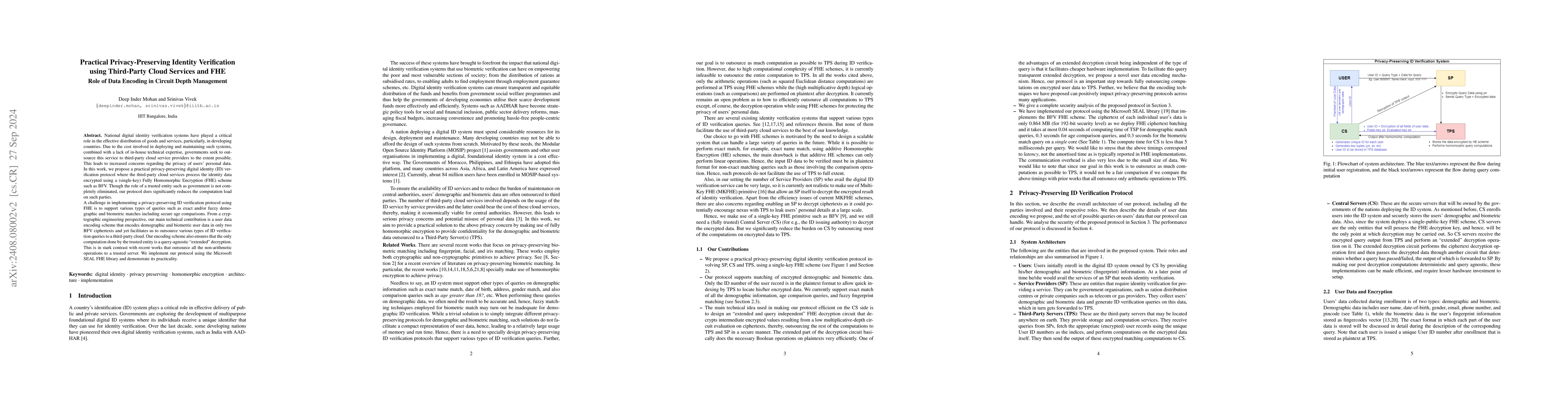 Thumbnail for Practical Privacy-Preserving Identity Verification using Third-Party
  Cloud Services and FHE (Role of Data Encoding in Circuit Depth Management)