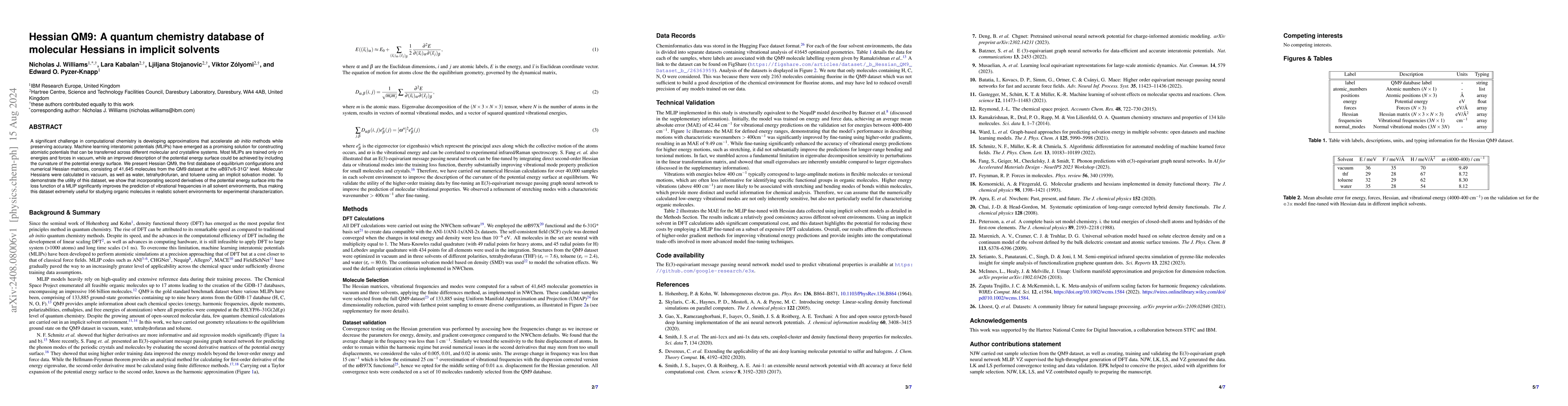 Thumbnail for Hessian QM9: A quantum chemistry database of molecular Hessians in
  implicit solvents