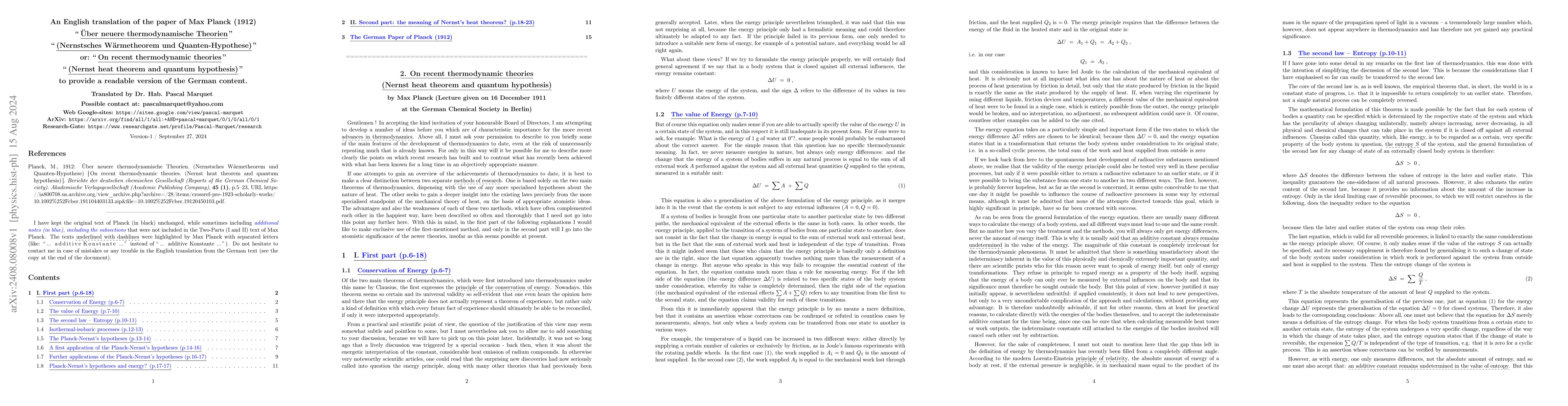 Thumbnail for On recent thermodynamic theories. (Nernst heat theorem and quantum
  hypothesis) Über neuere thermodynamische Theorien.(Nernstsches
  Wärmetheorem und Quanten-Hypothese)