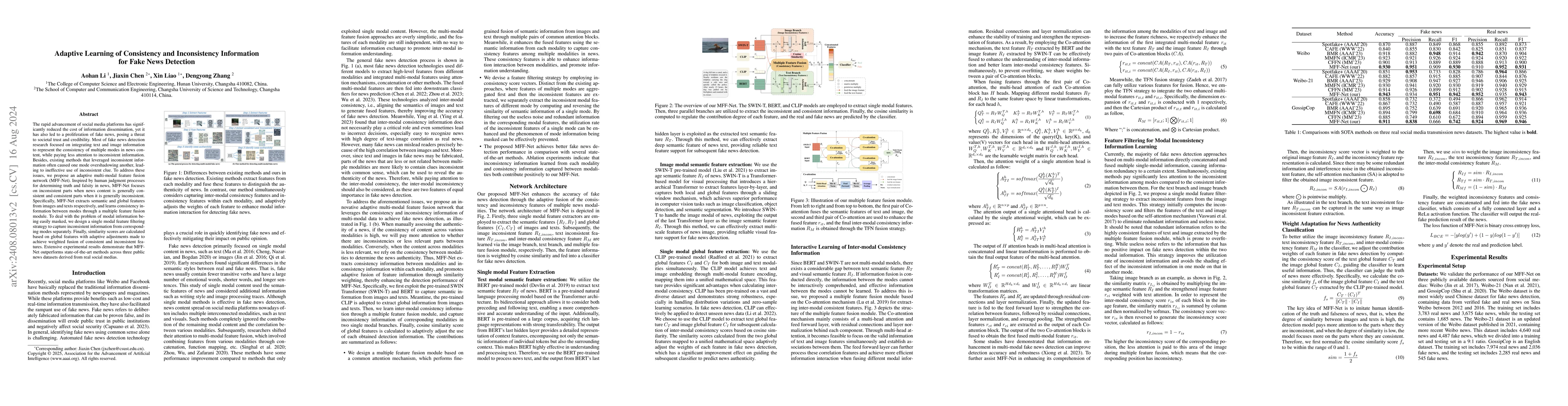 Thumbnail for Adaptive Learning of Consistency and Inconsistency Information for Fake
  News Detection