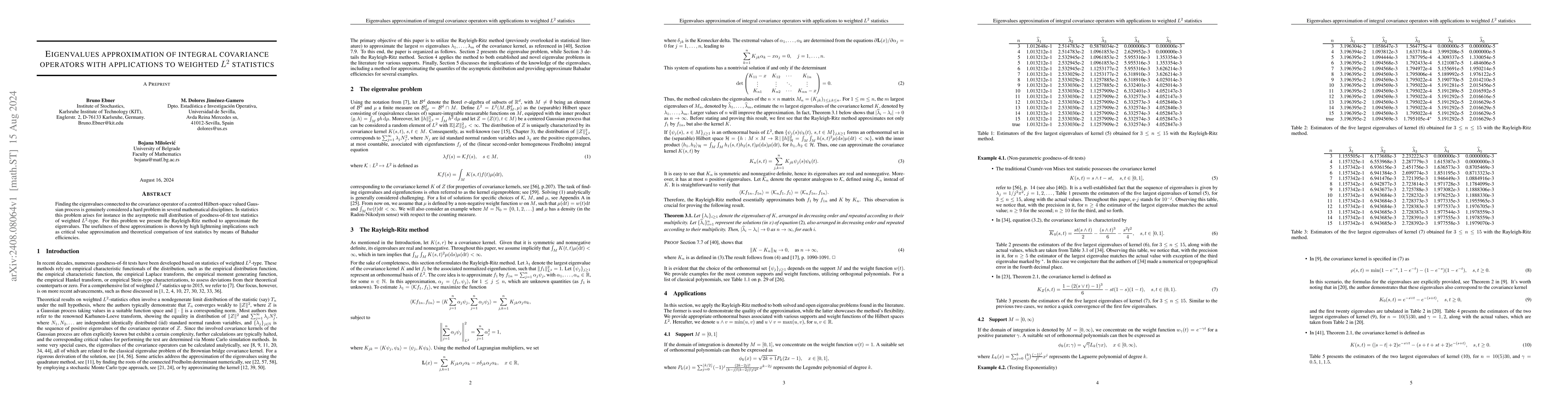 Thumbnail for Eigenvalues approximation of integral covariance operators with
  applications to weighted $L^2$ statistics
