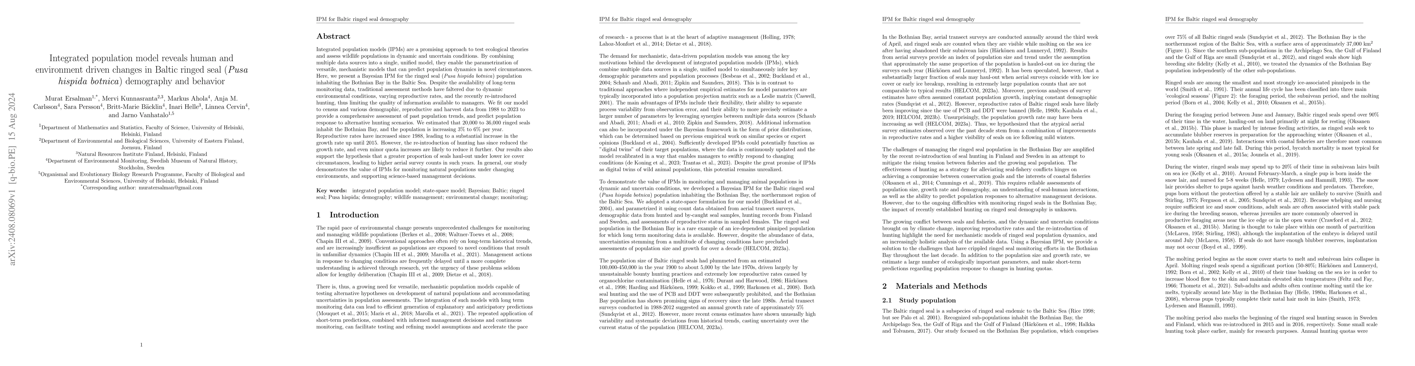 Thumbnail for Integrated population model reveals human and environment driven changes
  in Baltic ringed seal (Pusa hispida botnica) demography and behavior