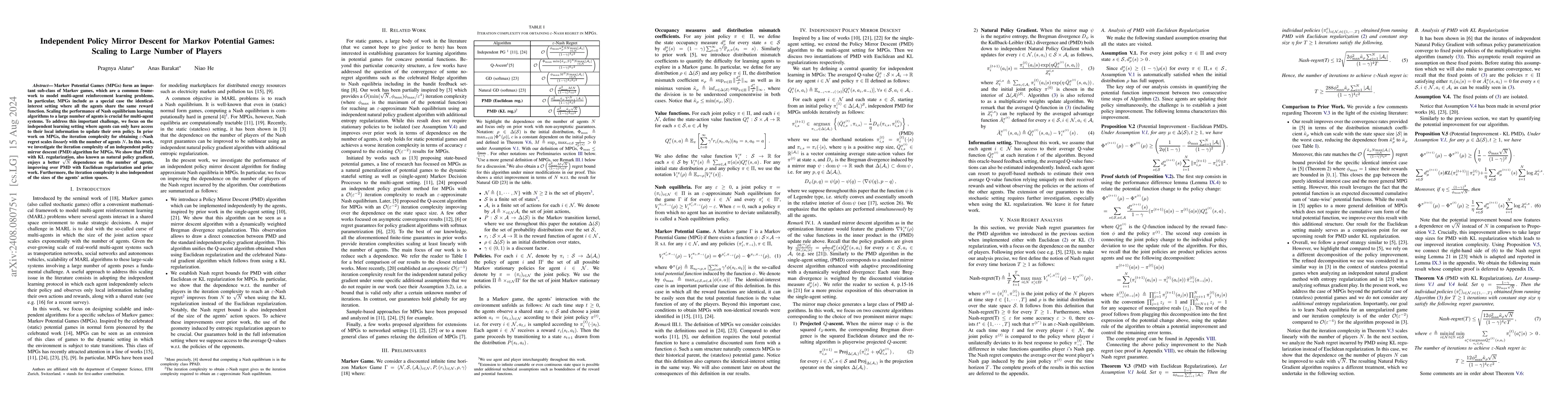 Thumbnail for Independent Policy Mirror Descent for Markov Potential Games: Scaling to
  Large Number of Players