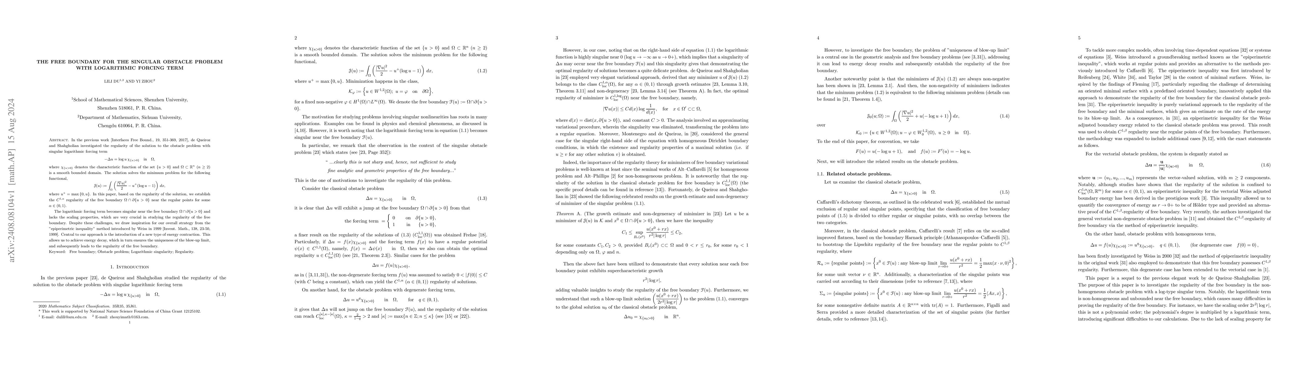 Thumbnail for The free boundary for the singular obstacle problem with logarithmic
  forcing term