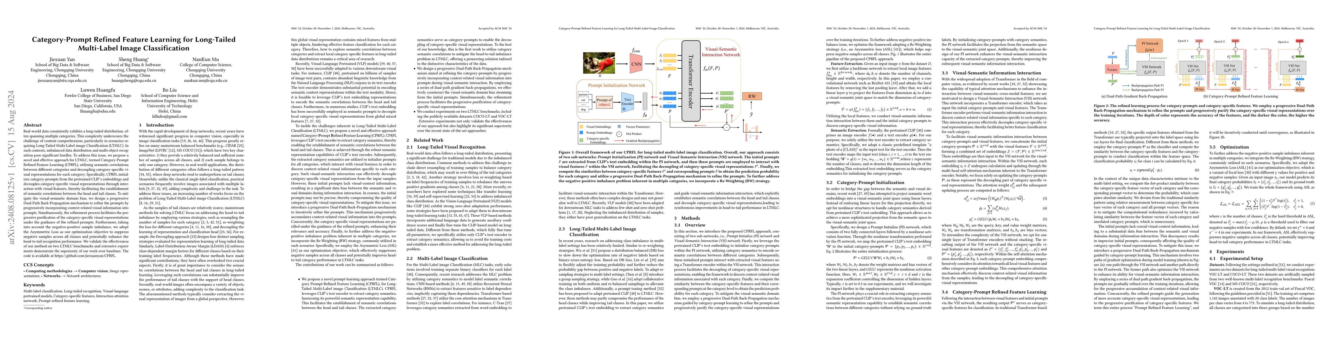 Thumbnail for Category-Prompt Refined Feature Learning for Long-Tailed Multi-Label
  Image Classification