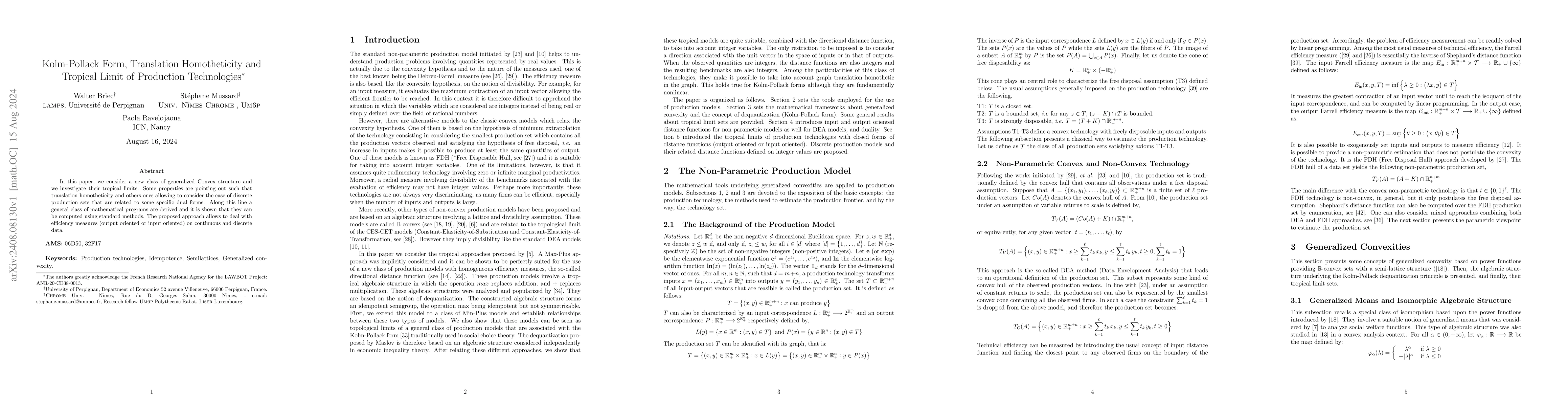 Thumbnail for Kolm-Pollack Form, Translation Homotheticity and Tropical Limit of
  Production Technologies