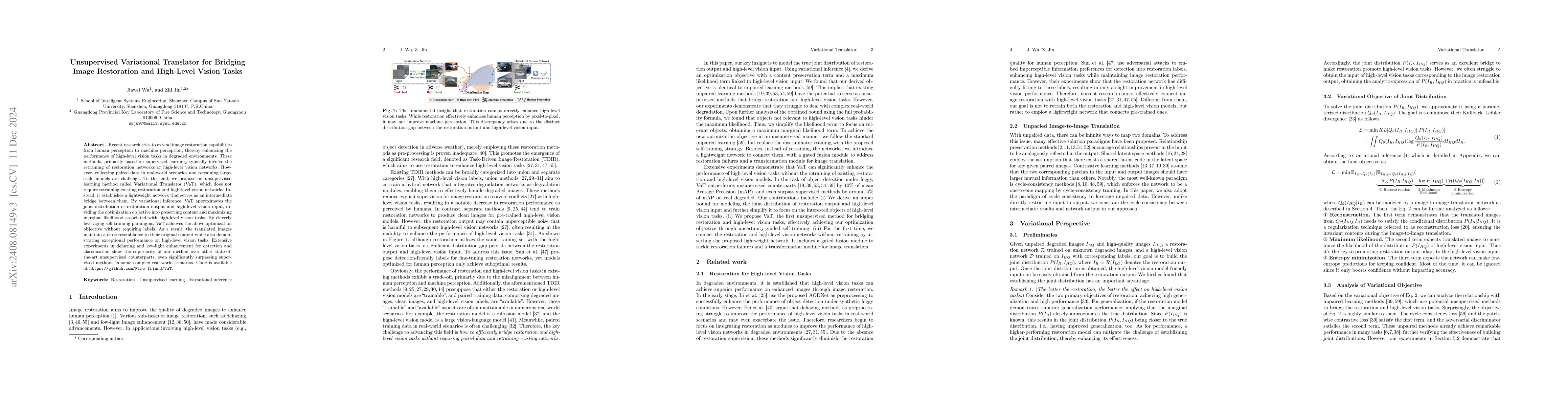 Thumbnail for Unsupervised Variational Translator for Bridging Image Restoration and
  High-Level Vision Tasks
