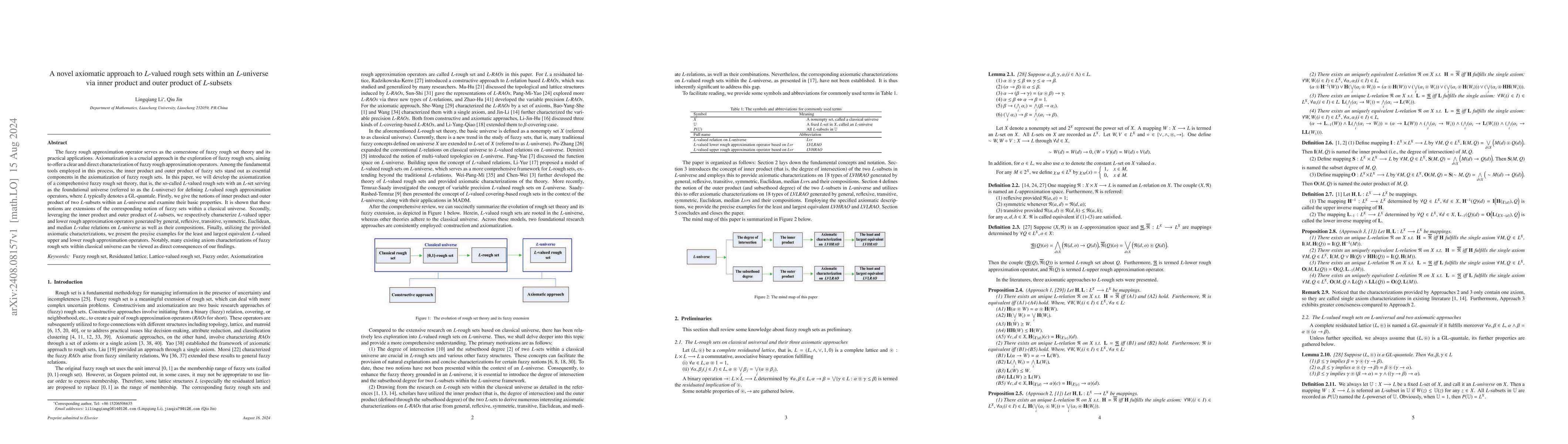 Thumbnail for A novel axiomatic approach to L-valued rough sets within an L-universe
  via inner product and outer product of L-subsets