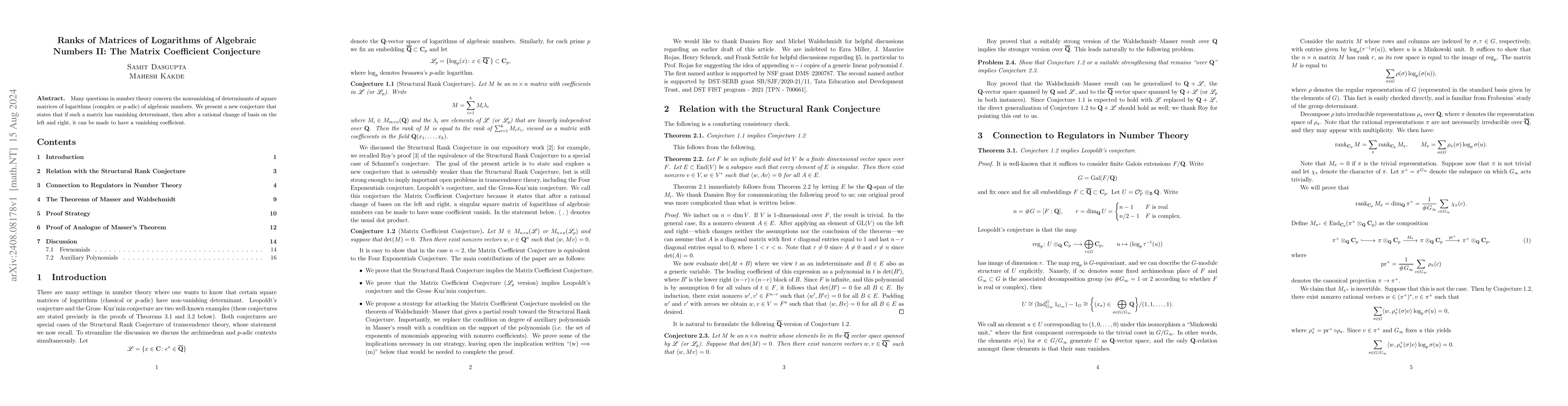 Thumbnail for Ranks of Matrices of Logarithms of Algebraic Numbers II: The Matrix
  Coefficient Conjecture