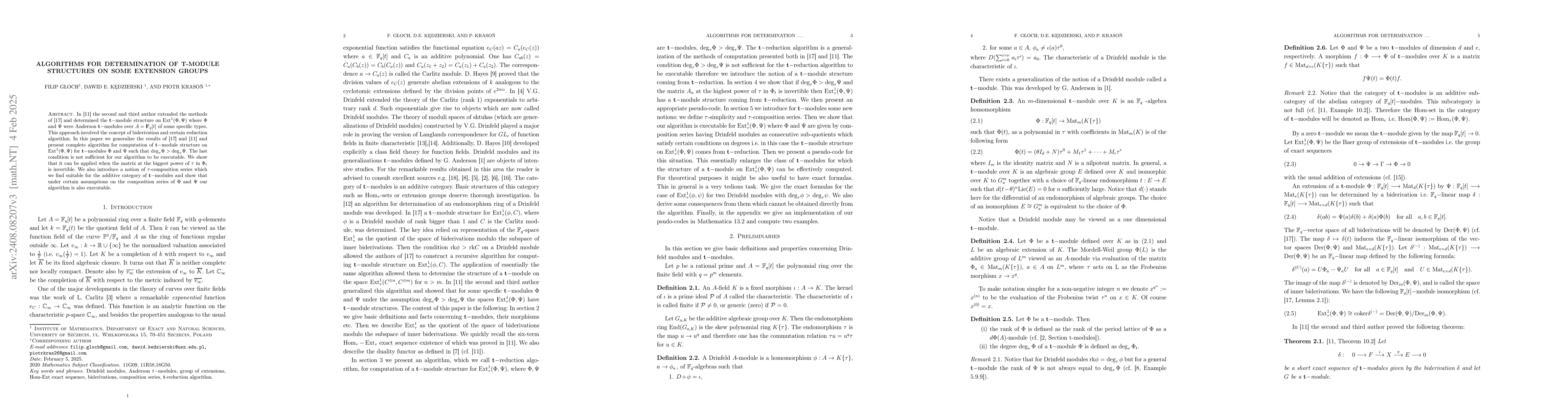 Thumbnail for Algorithms for determination of t-module structures on some extension
  groups