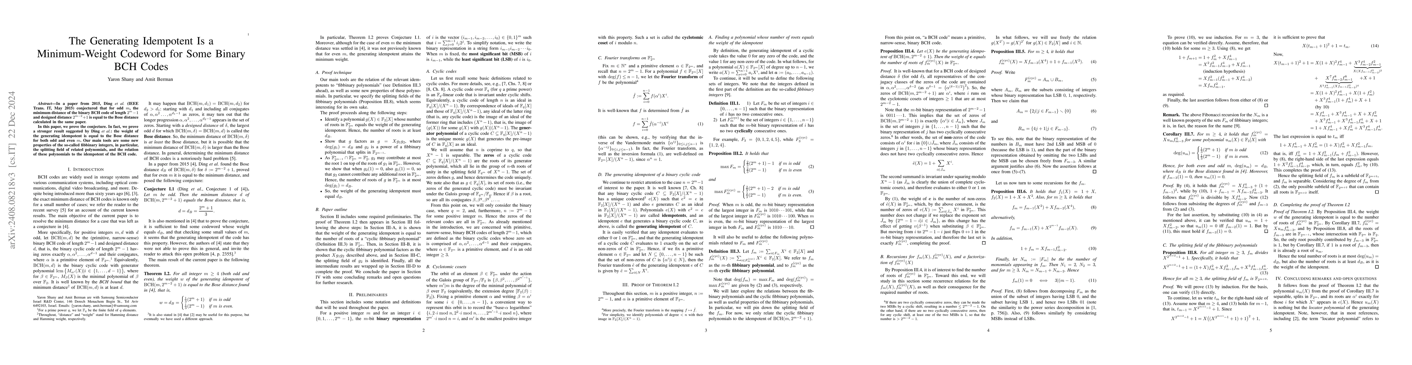 Thumbnail for The Generating Idempotent Is a Minimum-Weight Codeword for Some Binary
  BCH Codes