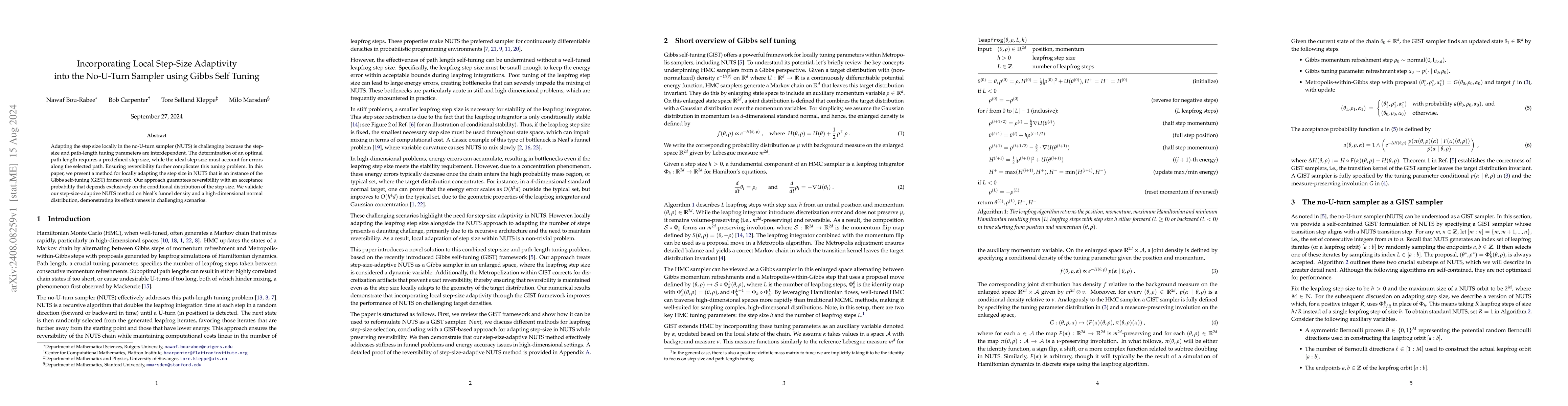Thumbnail for Incorporating Local Step-Size Adaptivity into the No-U-Turn Sampler
  using Gibbs Self Tuning