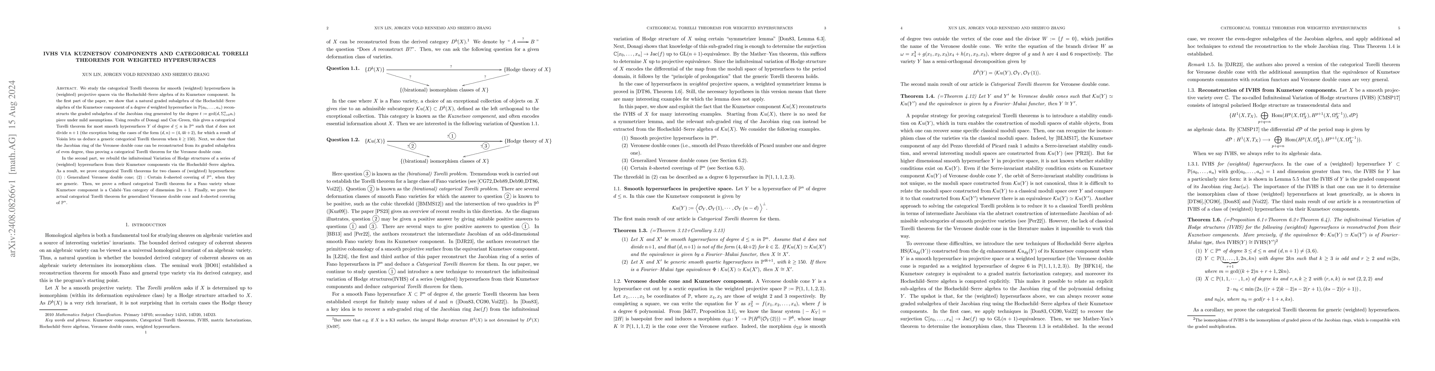 Thumbnail for IVHS via Kuznetsov components and categorical Torelli theorems for
  weighted hypersurfaces