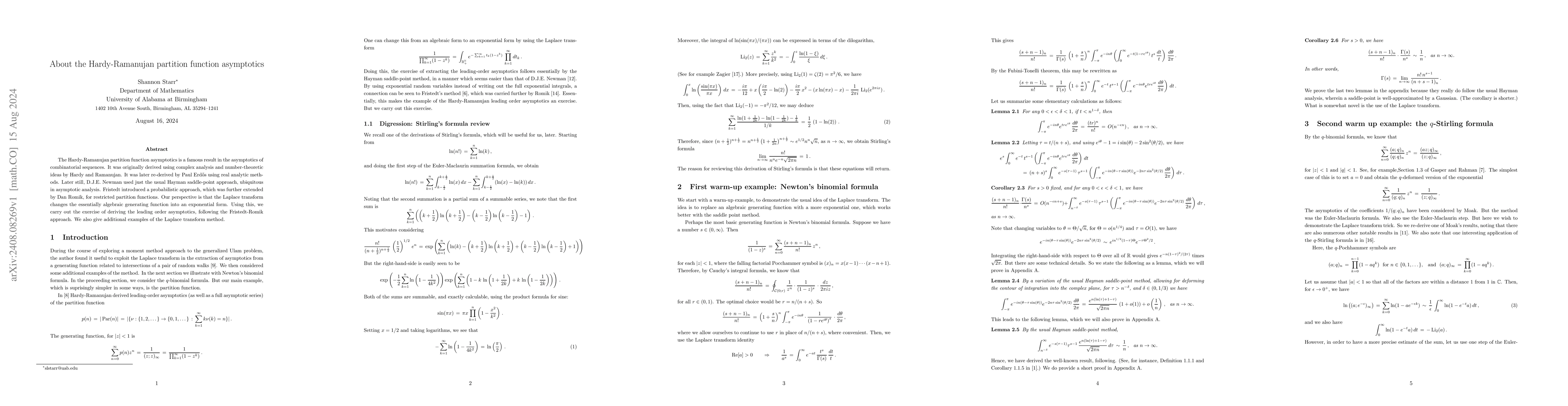 Thumbnail for About the Hardy-Ramanujan partition function asymptotics