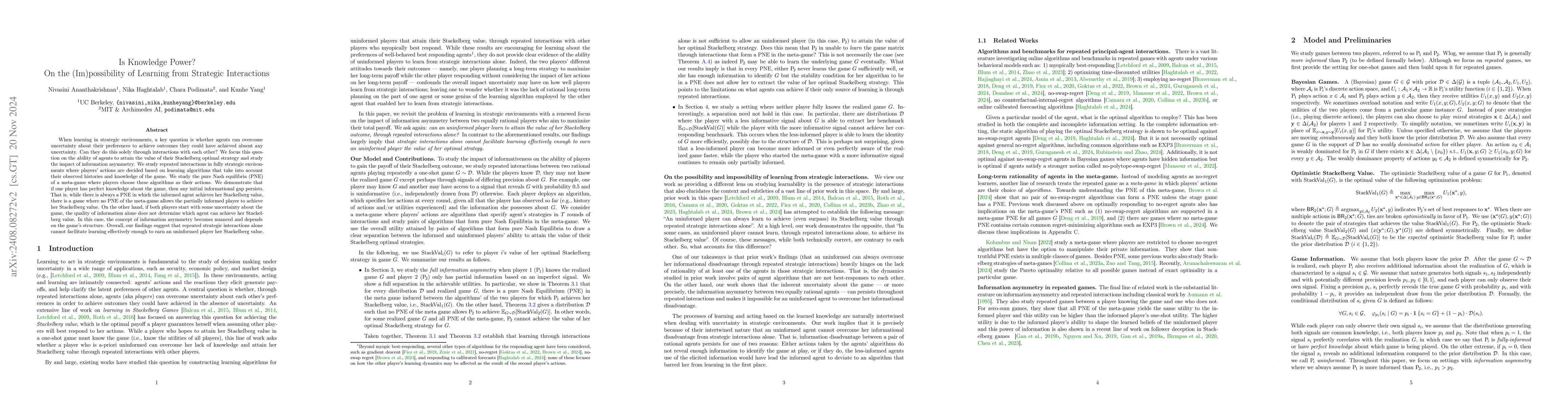 Thumbnail for Is Knowledge Power? On the (Im)possibility of Learning from Strategic
  Interaction