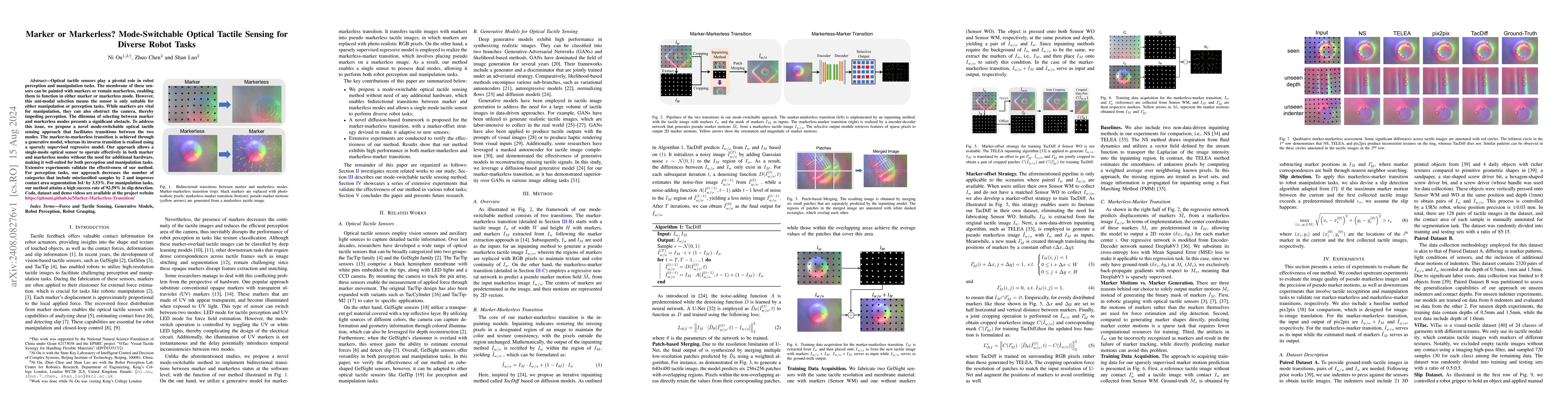 Thumbnail for Marker or Markerless? Mode-Switchable Optical Tactile Sensing for
  Diverse Robot Tasks