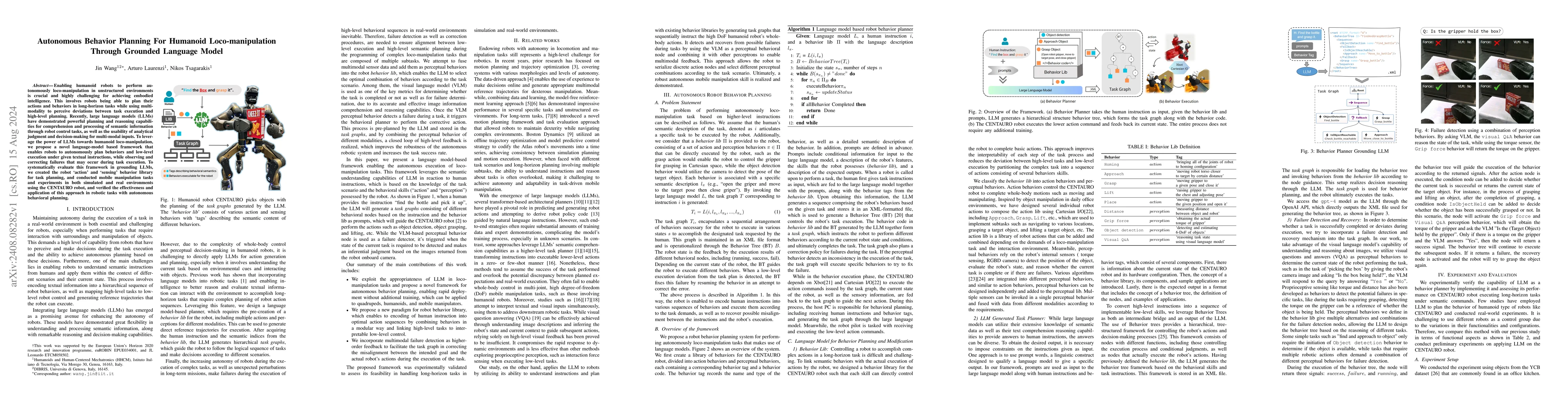 Thumbnail for Autonomous Behavior Planning For Humanoid Loco-manipulation Through
  Grounded Language Model