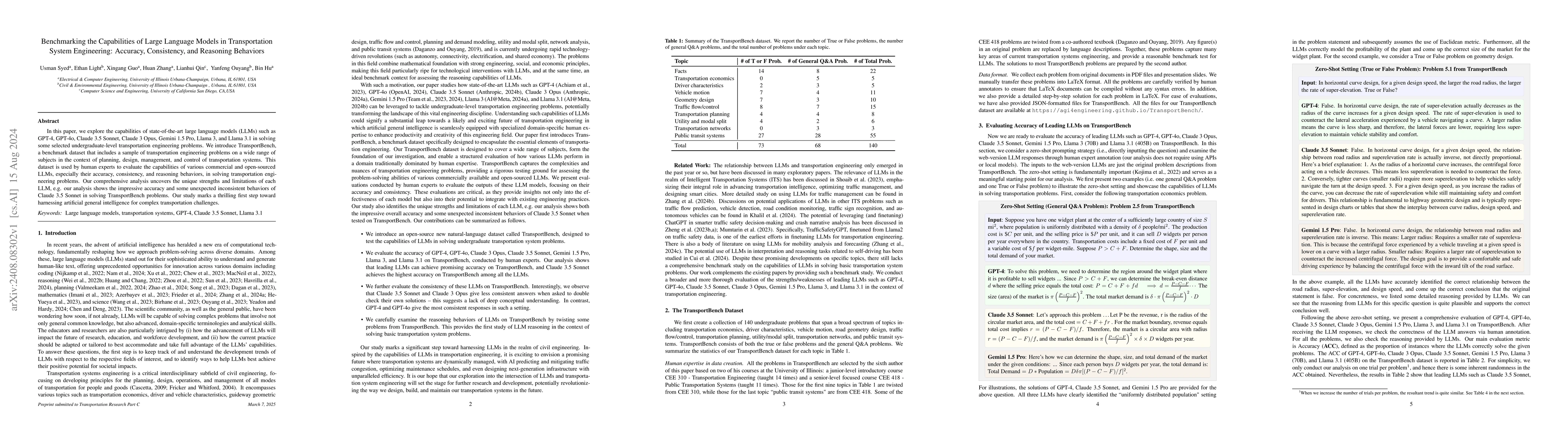 Thumbnail for Benchmarking the Capabilities of Large Language Models in Transportation
  System Engineering: Accuracy, Consistency, and Reasoning Behaviors