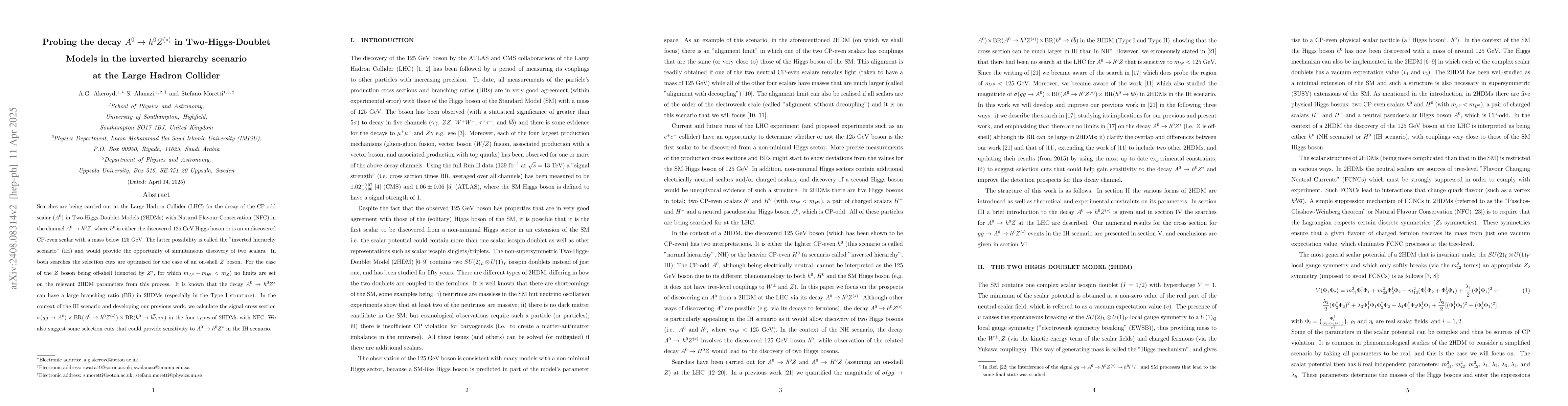 Thumbnail for Probing the decay $A^0\to h^0 Z^{(*)}$ in Two-Higgs-Doublet Models in
  the inverted hierarchy scenario at the Large Hadron Collider