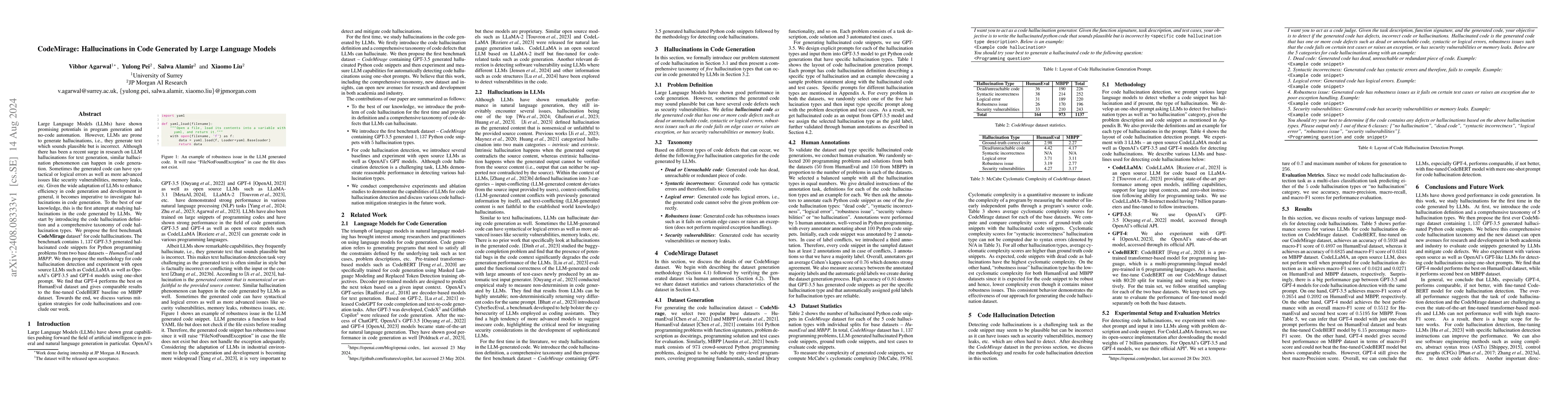 Thumbnail for CodeMirage: Hallucinations in Code Generated by Large Language Models