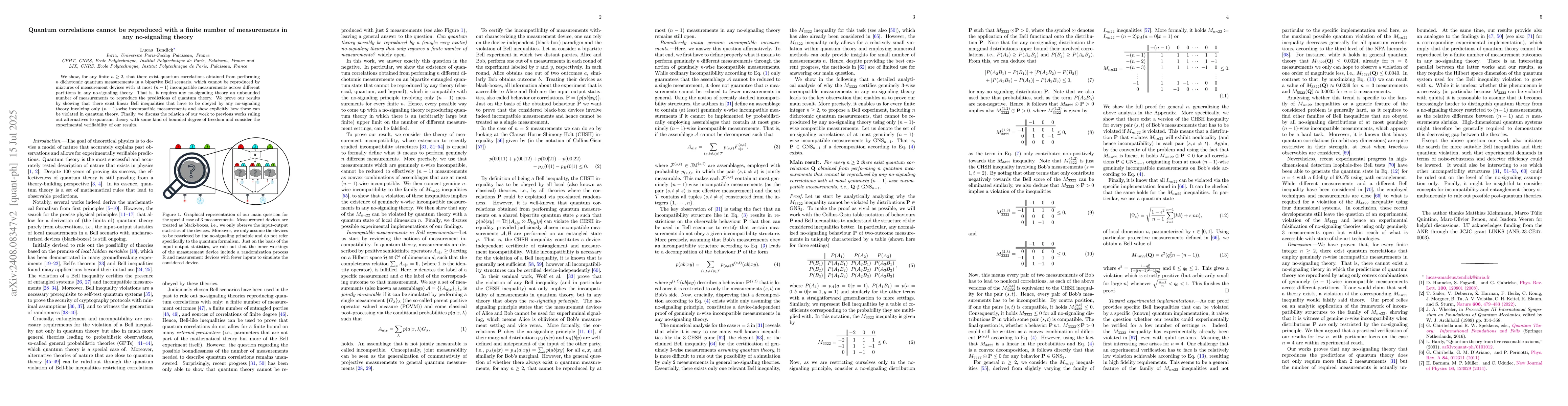 Thumbnail for Quantum correlations cannot be reproduced with a finite number of
  measurements in any no-signaling theory