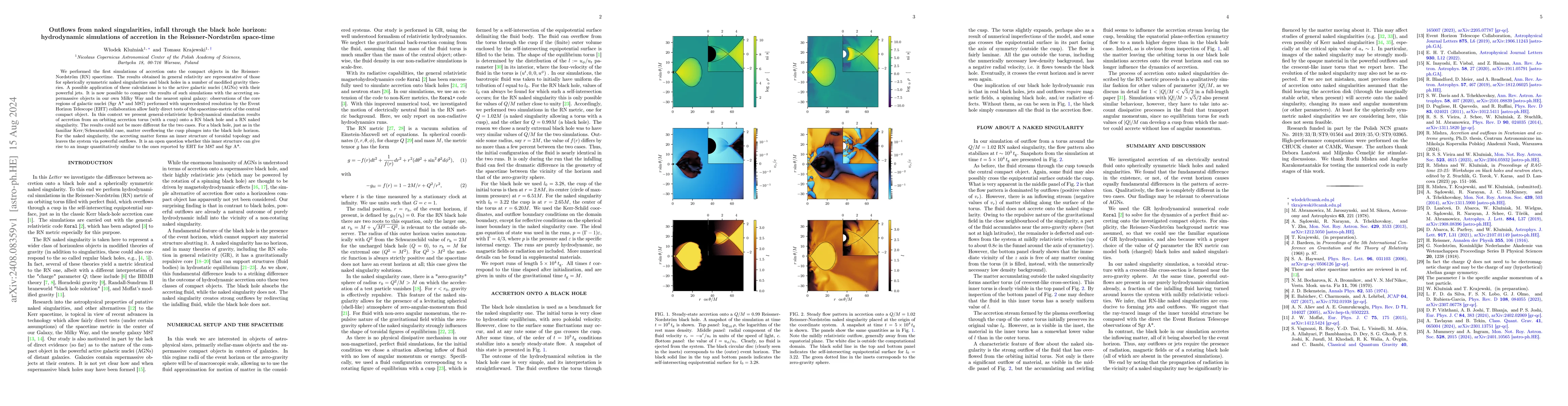Thumbnail for Outflows from naked singularities, infall through the black hole
  horizon: hydrodynamic simulations of accretion in the Reissner-Nordström
  space-time