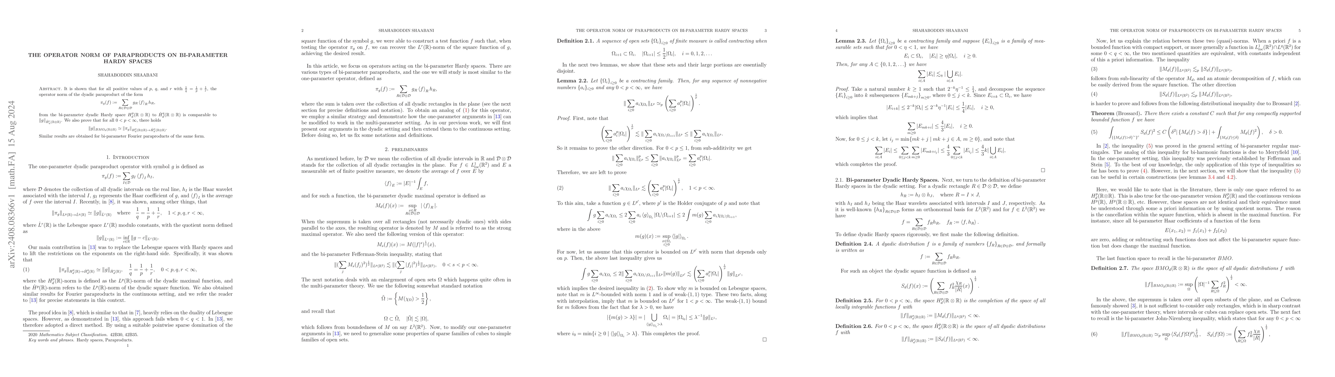 Thumbnail for The Operator Norm of Paraproducts on Bi-parameter Hardy spaces