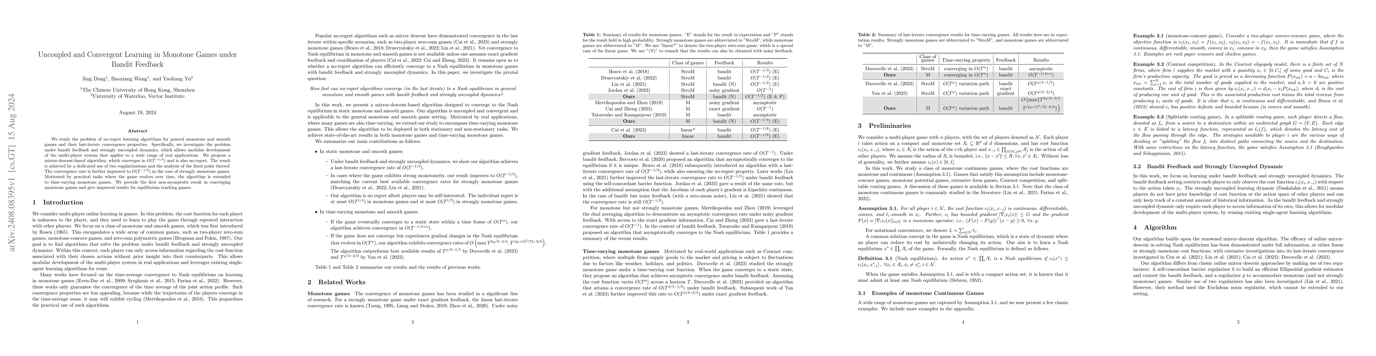 Thumbnail for Uncoupled and Convergent Learning in Monotone Games under Bandit
  Feedback
