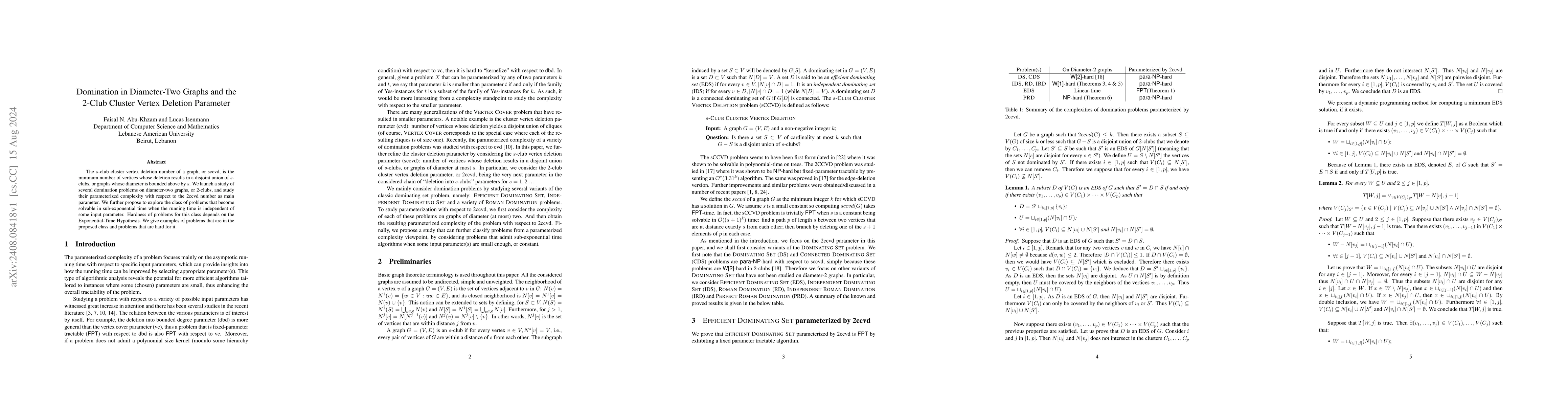 Thumbnail for Domination in Diameter-Two Graphs and the 2-Club Cluster Vertex Deletion
  Parameter