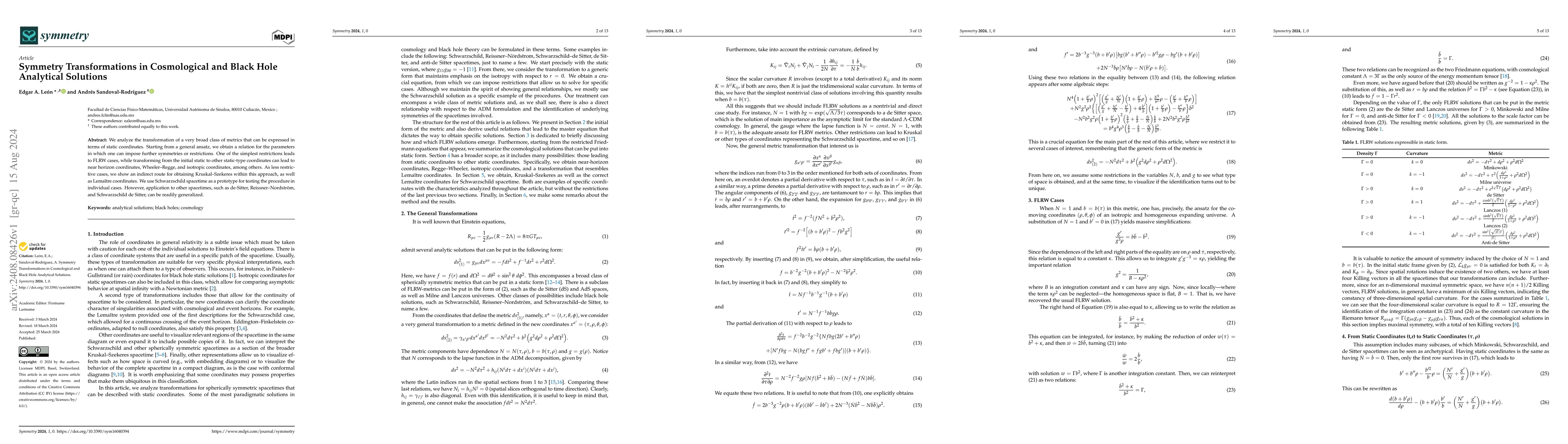 Thumbnail for Symmetry Transformations in Cosmological and Black Hole Analytical
  Solutions