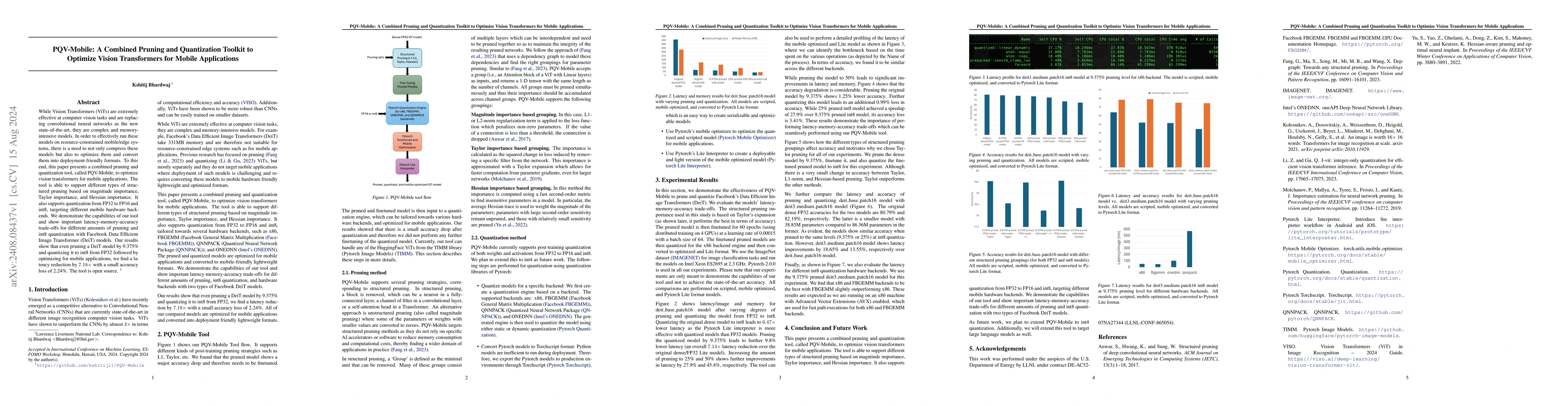 Thumbnail for PQV-Mobile: A Combined Pruning and Quantization Toolkit to Optimize
  Vision Transformers for Mobile Applications