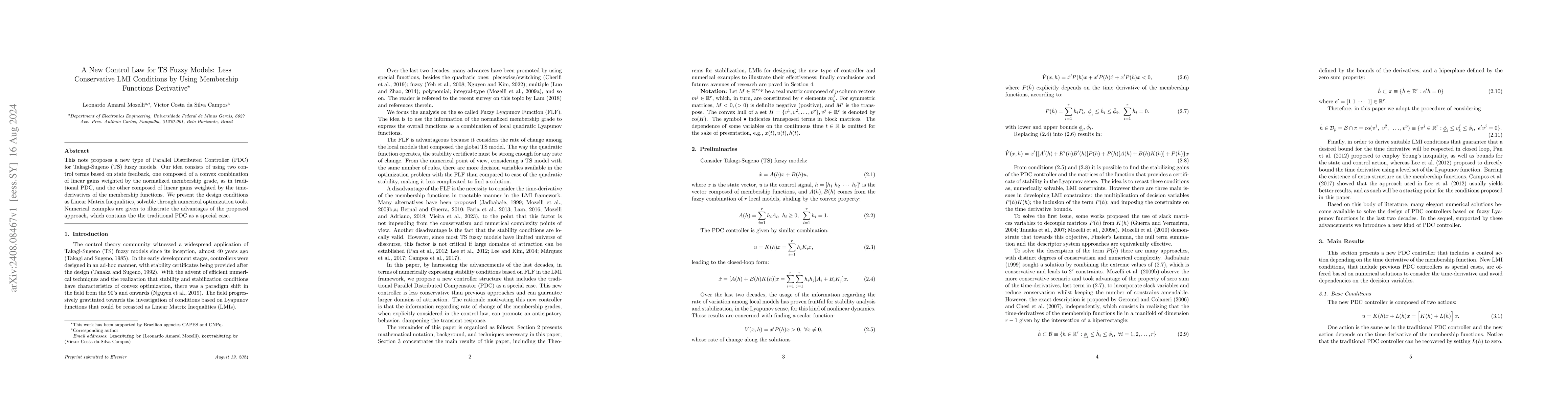 Thumbnail for A New Control Law for TS Fuzzy Models: Less Conservative LMI Conditions
  by Using Membership Functions Derivative