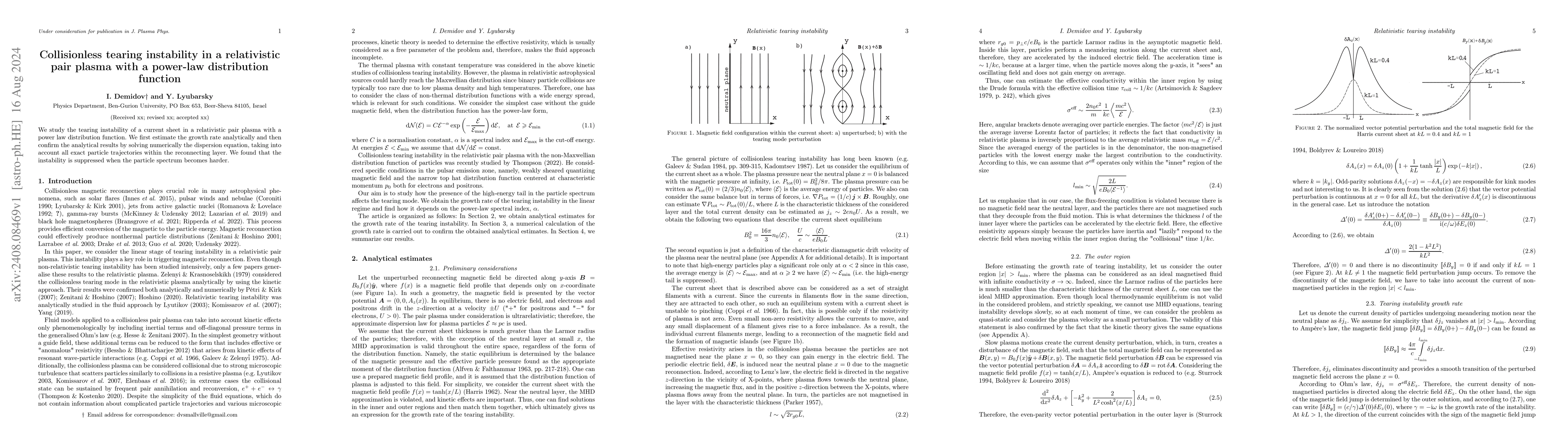 Thumbnail for Collisionless tearing instability in a relativistic pair plasma with a
  power-law distribution function