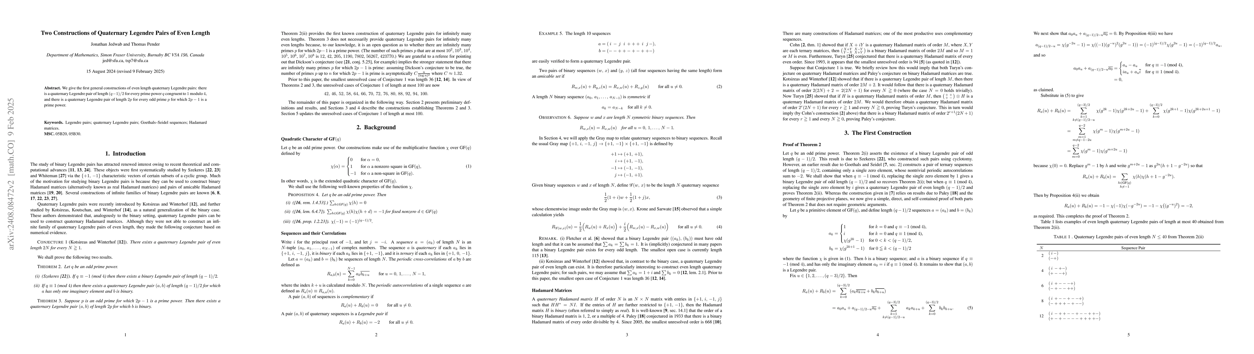 Thumbnail for Two constructions of quaternary Legendre pairs of even length