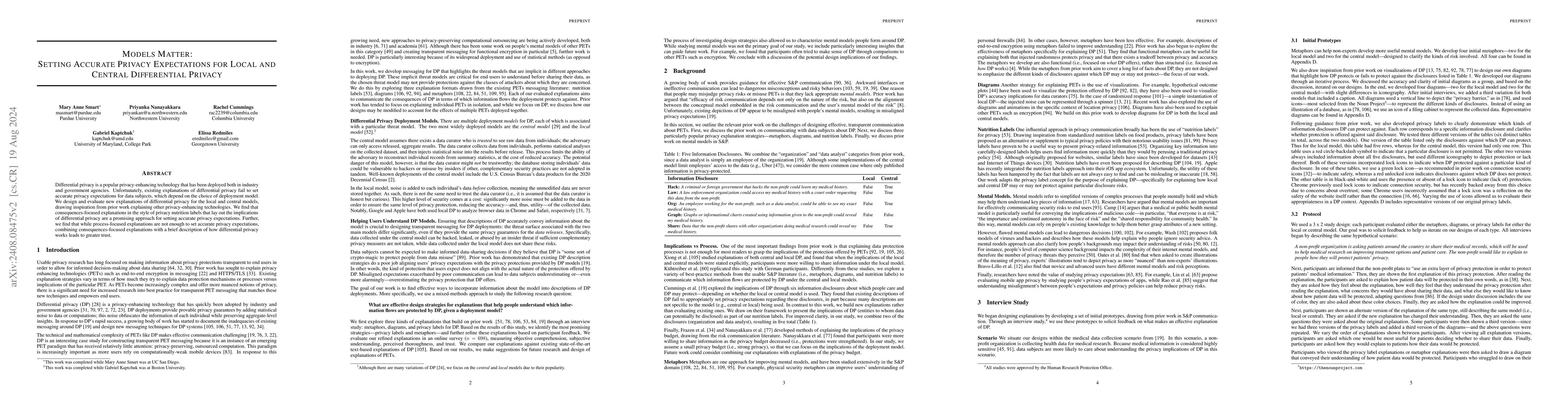 Thumbnail for Models Matter: Setting Accurate Privacy Expectations for Local and
  Central Differential Privacy