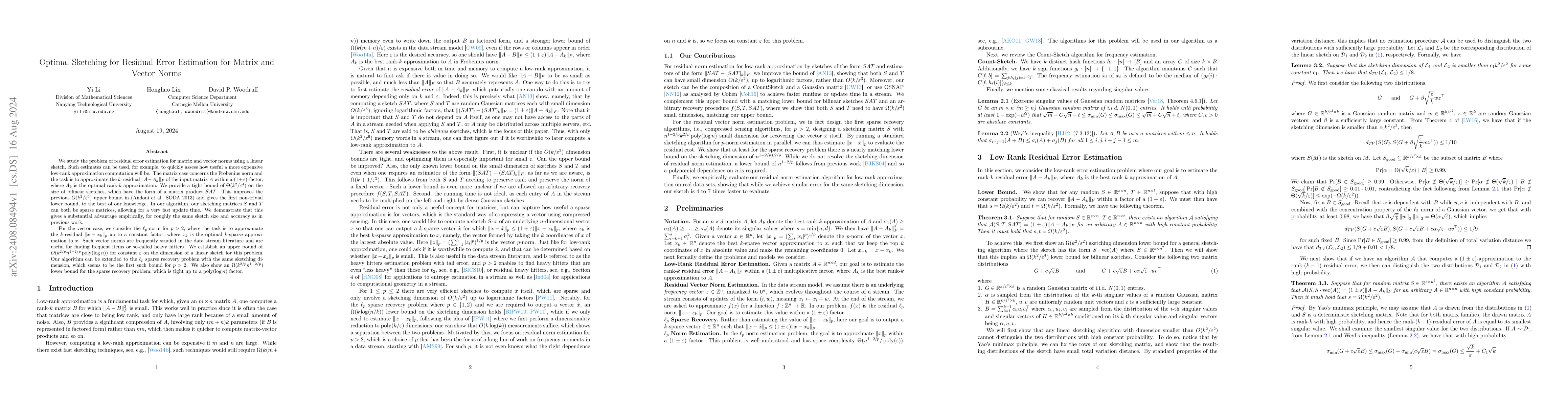 Thumbnail for Optimal Sketching for Residual Error Estimation for Matrix and Vector
  Norms