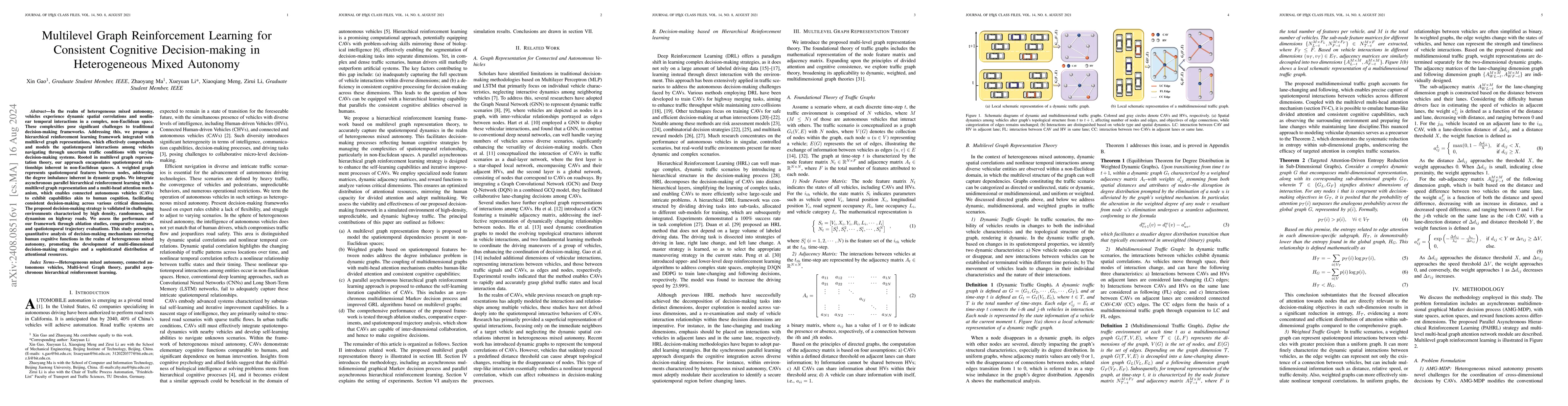 Thumbnail for Multilevel Graph Reinforcement Learning for Consistent Cognitive
  Decision-making in Heterogeneous Mixed Autonomy