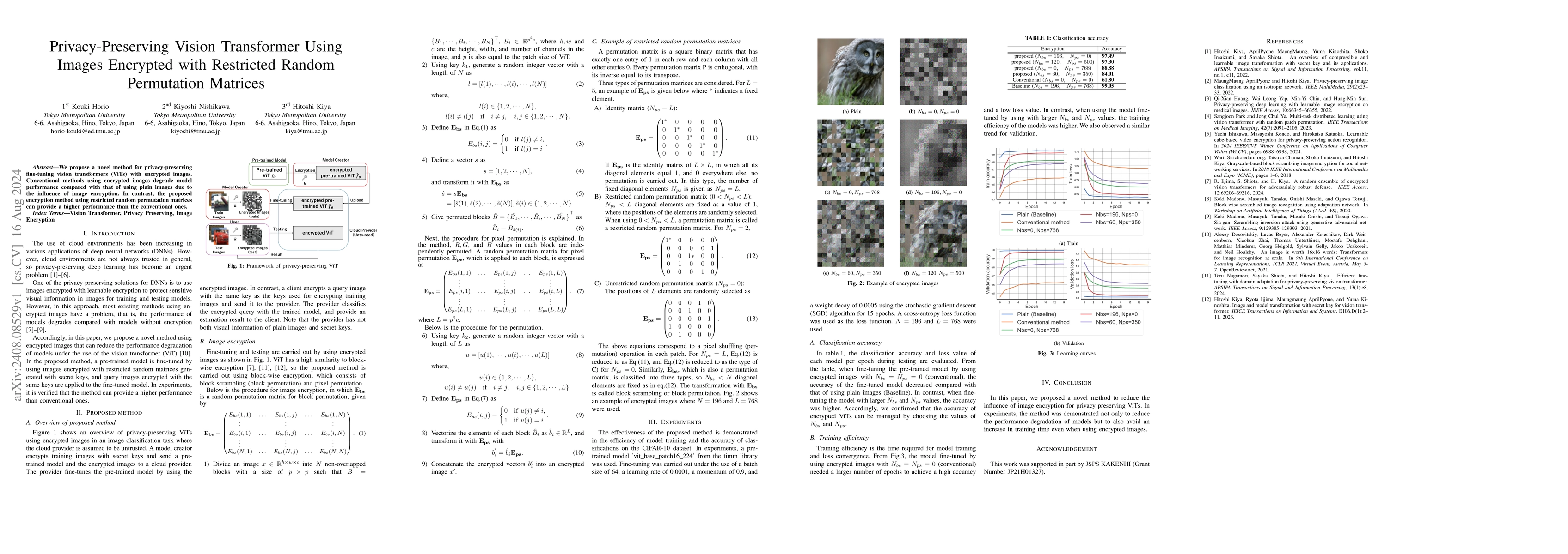 Thumbnail for Privacy-Preserving Vision Transformer Using Images Encrypted with
  Restricted Random Permutation Matrices
