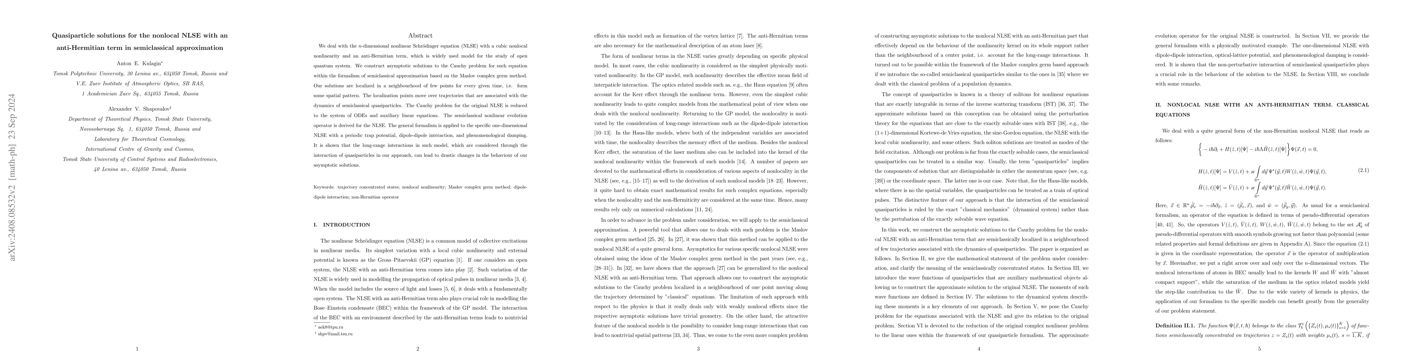 Thumbnail for Quasiparticle solutions for the nonlocal NLSE with an anti-Hermitian
  term in semiclassical approximation
