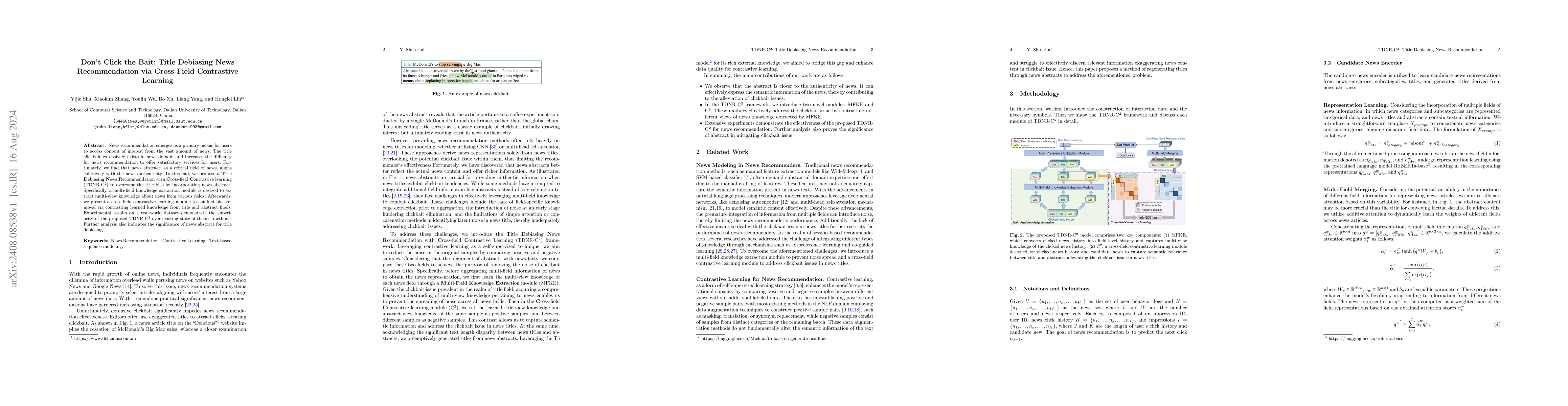 Thumbnail for Don't Click the Bait: Title Debiasing News Recommendation via
  Cross-Field Contrastive Learning