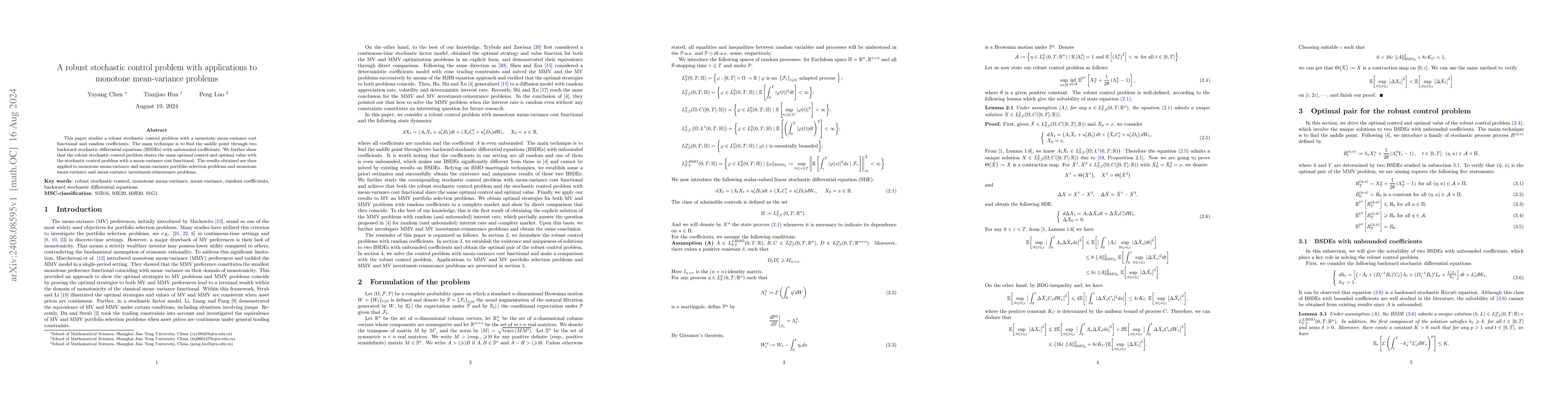 Thumbnail for A robust stochastic control problem with applications to monotone
  mean-variance problems