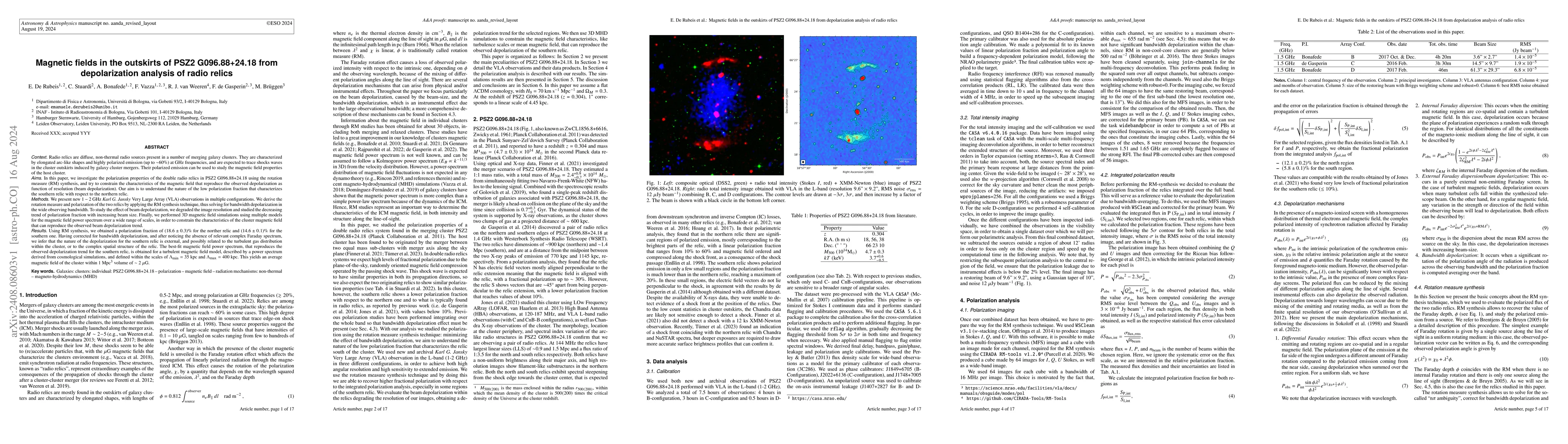 Thumbnail for Magnetic fields in the outskirts of PSZ2 G096.88+24.18 from
  depolarization analysis of radio relics